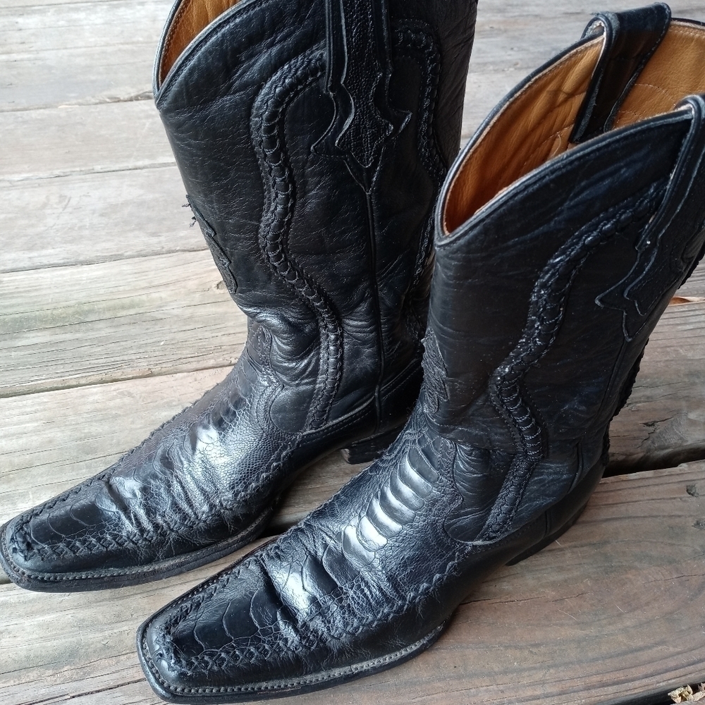 San Angelo Boots men's Western black leather stitch-seamed long toe sz 7.5D. 166